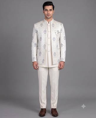 Ivory floral jacquard open jodhpuri suit for men 1
