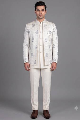 Ivory floral jacquard open jodhpuri suit for men
