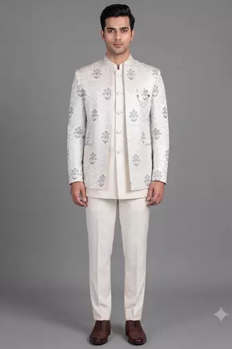 Ivory floral jacquard open jodhpuri suit for men