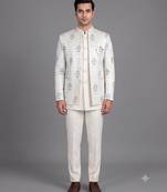 Ivory floral jacquard open jodhpuri suit for men