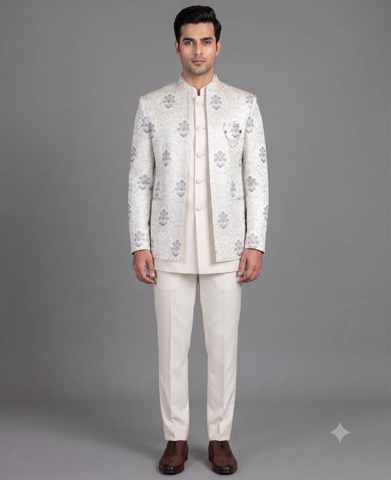 Ivory floral jacquard open jodhpuri suit for men