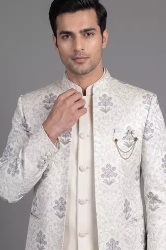 Ivory floral jacquard open jodhpuri suit for men