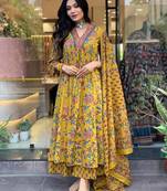 MUSTARD FLORAL DIGITAL PRINT DESIGN AND COTTON BLEND FABRIC ANARKALI KURTI PALAZZO DUPATTA SET