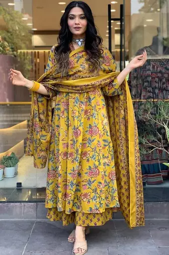 MUSTARD FLORAL DIGITAL PRINT DESIGN AND COTTON BLEND FABRIC ANARKALI KURTI PALAZZO DUPATTA SET