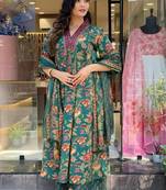 GREEN FLORAL DIGITAL PRINT DESIGN AND COTTON BLEND FABRIC ANARKALI KURTI PALAZZO DUPATTA SET