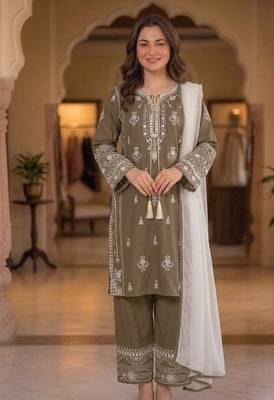 coffee color embroidery and mirror work rayon salwar suit 1