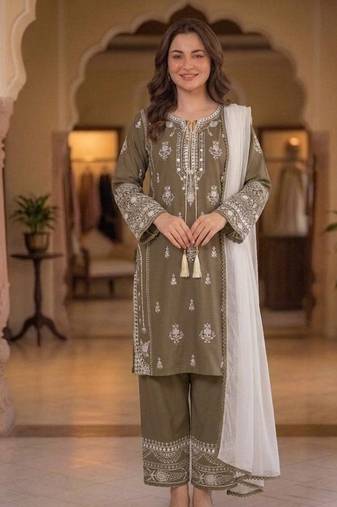 coffee color embroidery and mirror work rayon salwar suit