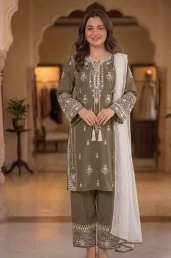 coffee color embroidery and mirror work rayon salwar suit