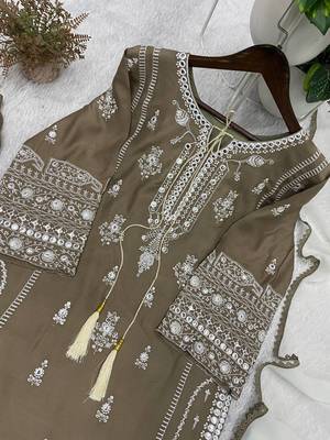 coffee color embroidery and mirror work rayon salwar suit 2