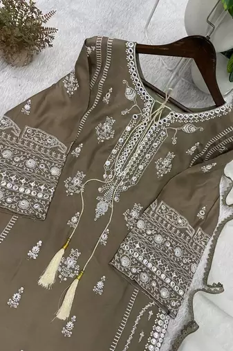 coffee color embroidery and mirror work rayon salwar suit