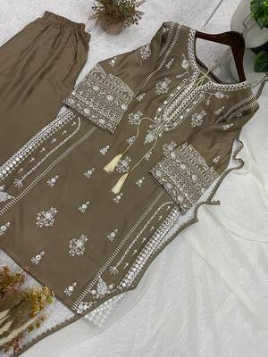 coffee color embroidery and mirror work rayon salwar suit 3