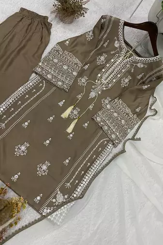 coffee color embroidery and mirror work rayon salwar suit