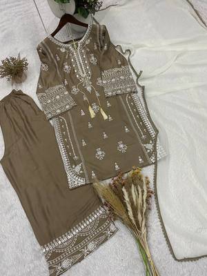 coffee color embroidery and mirror work rayon salwar suit 4