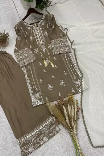 coffee color embroidery and mirror work rayon salwar suit