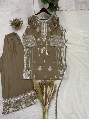 coffee color embroidery and mirror work rayon salwar suit 5