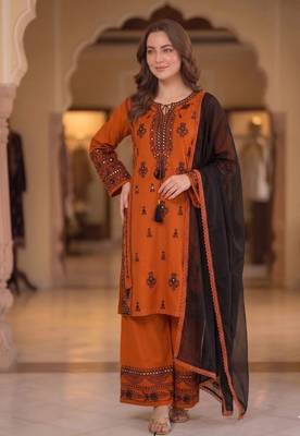 orange color embroidery and mirror work rayon salwar suit 1