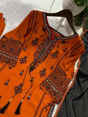 orange color embroidery and mirror work rayon salwar suit 2