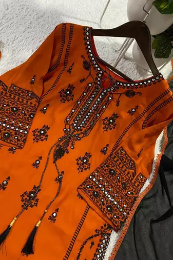 orange color embroidery and mirror work rayon salwar suit