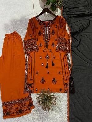 orange color embroidery and mirror work rayon salwar suit 3