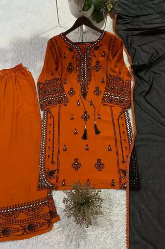 orange color embroidery and mirror work rayon salwar suit
