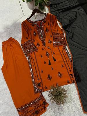 orange color embroidery and mirror work rayon salwar suit 4