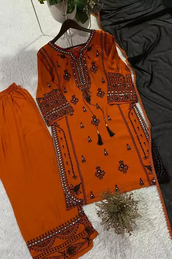 orange color embroidery and mirror work rayon salwar suit