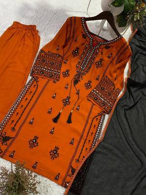 orange color embroidery and mirror work rayon salwar suit 5