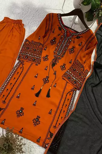 orange color embroidery and mirror work rayon salwar suit
