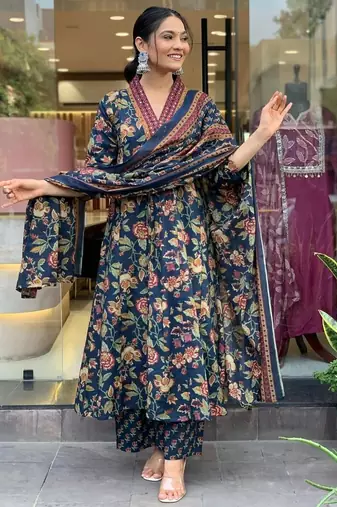 NAVYBLUE FLORAL DIGITAL PRINT DESIGN AND COTTON BLEND FABRIC ANARKALI KURTI PALAZZO DUPATTA SET