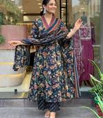 NAVYBLUE FLORAL DIGITAL PRINT DESIGN AND COTTON BLEND FABRIC ANARKALI KURTI PALAZZO DUPATTA SET