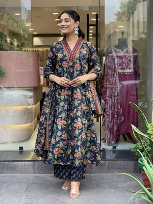 NAVYBLUE FLORAL DIGITAL PRINT DESIGN AND COTTON BLEND FABRIC ANARKALI KURTI PALAZZO DUPATTA SET 3