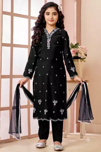 Black embroidered art silk straight cut kids salwar suits
