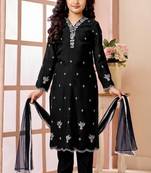 Black embroidered art silk straight cut kids salwar suits
