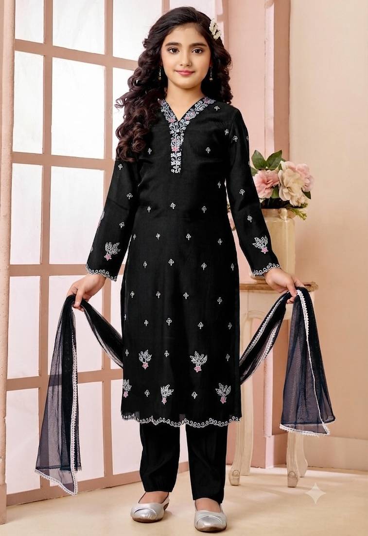 Black embroidered art silk straight cut kids salwar suits