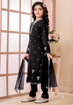 Black embroidered art silk straight cut kids salwar suits 2