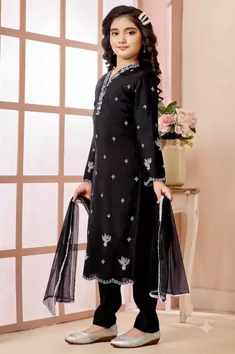 Black embroidered art silk straight cut kids salwar suits