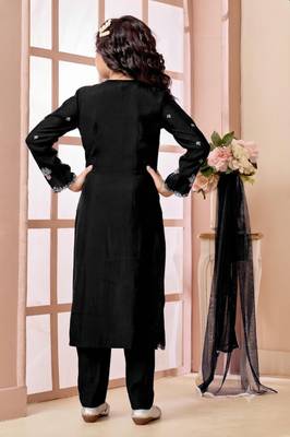 Black embroidered art silk straight cut kids salwar suits 3