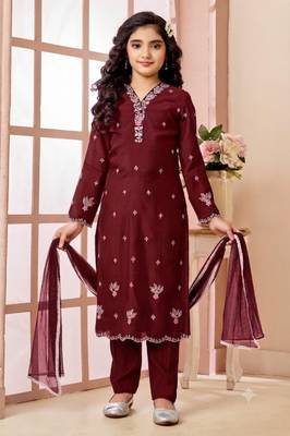 Maroon embroidered art silk straight cut kids salwar suits 1