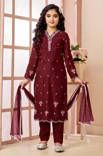 Maroon embroidered art silk straight cut kids salwar suits