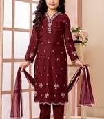 Maroon embroidered art silk straight cut kids salwar suits