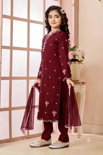 Maroon embroidered art silk straight cut kids salwar suits