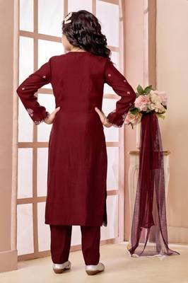 Maroon embroidered art silk straight cut kids salwar suits 3