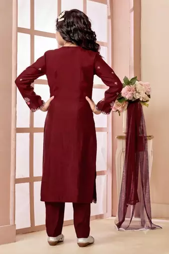 Maroon embroidered art silk straight cut kids salwar suits
