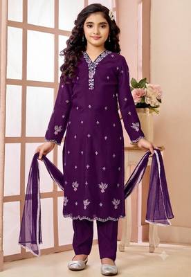 Purple embroidered art silk straight cut kids salwar suits 1