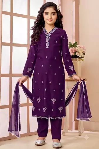 Purple embroidered art silk straight cut kids salwar suits
