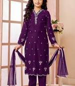 Purple embroidered art silk straight cut kids salwar suits