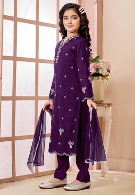 Purple embroidered art silk straight cut kids salwar suits 2