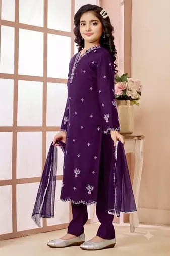 Purple embroidered art silk straight cut kids salwar suits