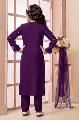 Purple embroidered art silk straight cut kids salwar suits 3