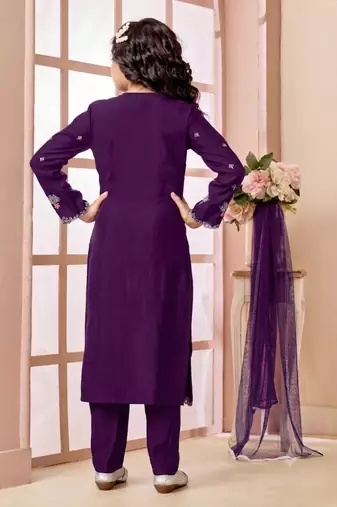 Purple embroidered art silk straight cut kids salwar suits